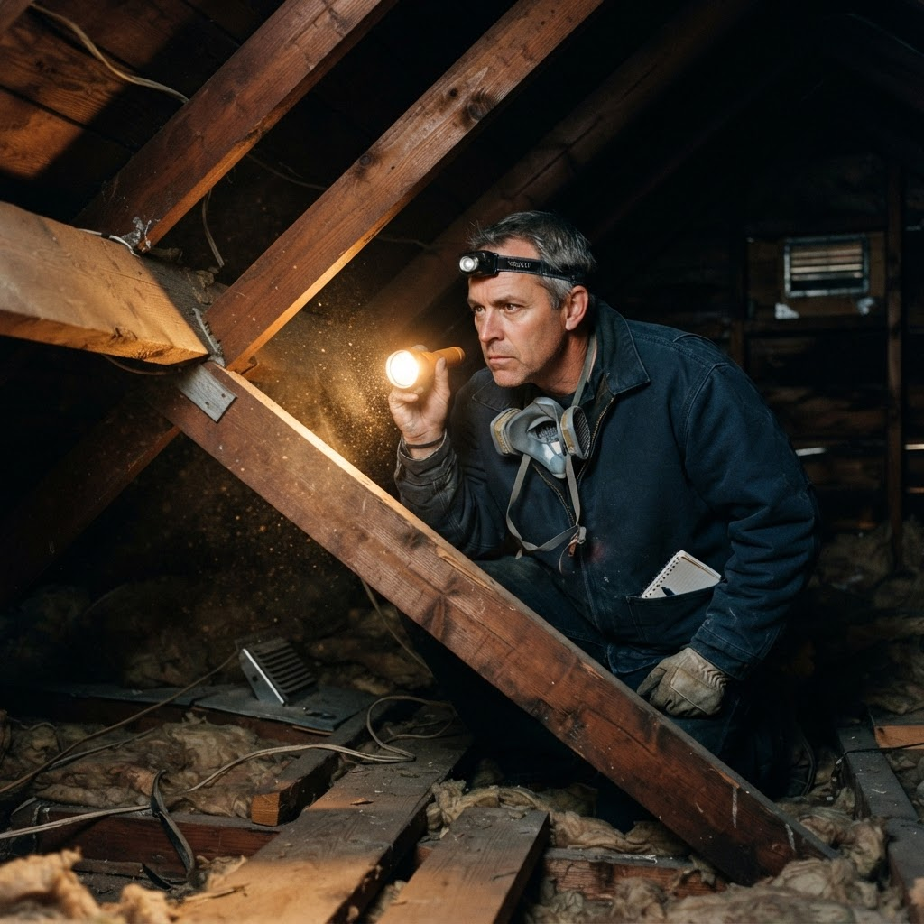 Certified inspector examining an attic during an environmental assessment